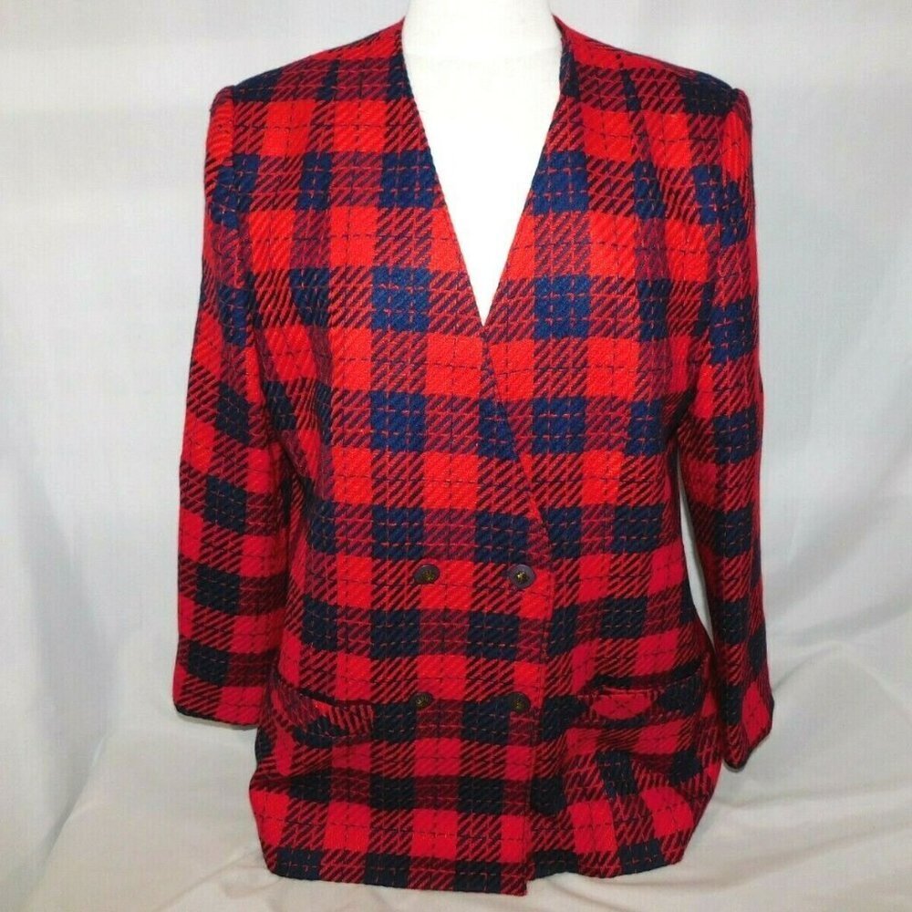 VTG 80s White Stag double breasted Blazer Red Blue Plaid Wool Blend Womens 12